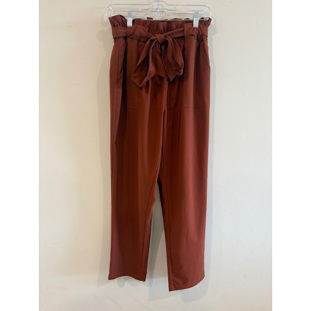 Grace Karin Rust Brown Paperbag Waist Straight Leg Pants Large